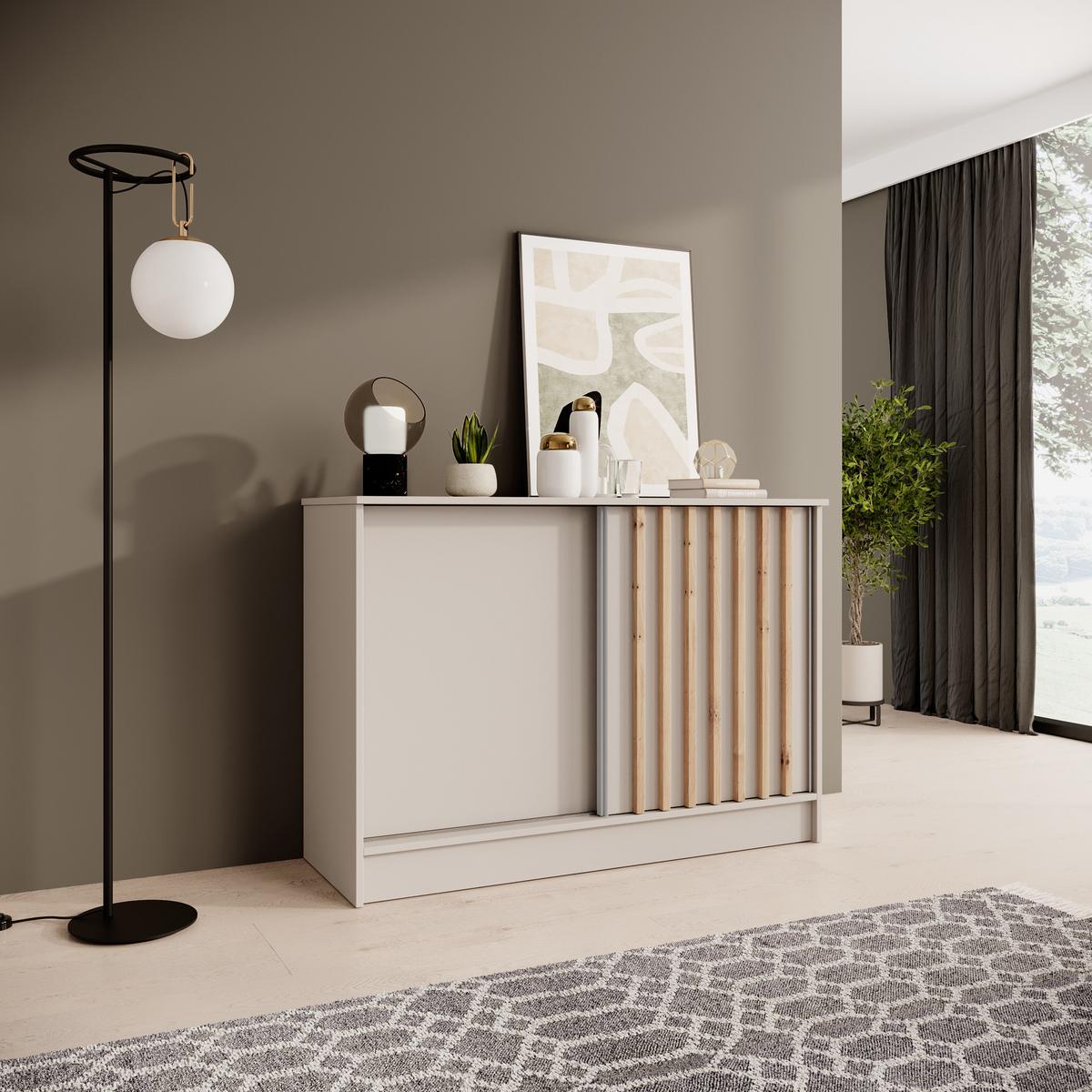 KOMMODE Horizon mit 2 Schiebetüren, Kaschmir+eiche Artisan, 120 cm - Kaschmir, Holzwerkstoff (121/85/43.5cm) - Beautysofa