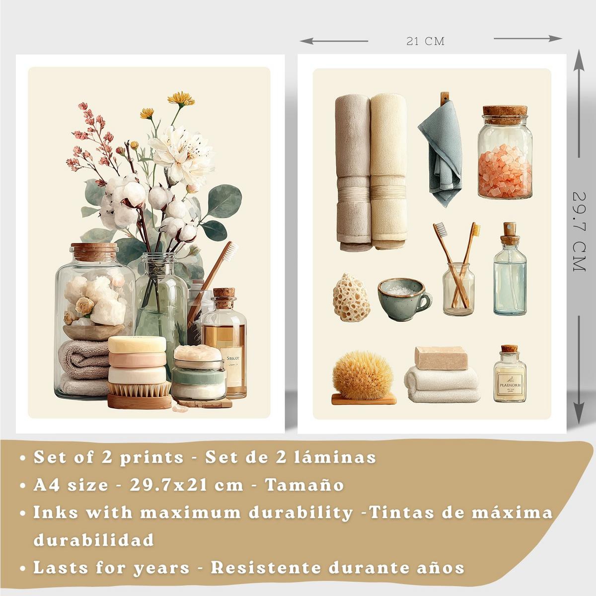 POSTER 2er-Set dekorative Kunstdrucke im für minimalistische Bilder mit Blumen Zen-Poster für entspannende Badezimmer- Leichter Holzrahmen A4 - Beige, Papier (29.7/21/3cm) - Nacnic