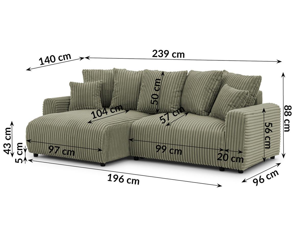 ECKSOFA Calma mit Schlaffunktion und Bettkasten im Bumpy-Design aus weichem Olive Plüschcord - Ottomane links - Schwarz/Grün, Holz/Kunststoff (239/140cm) - S-Style