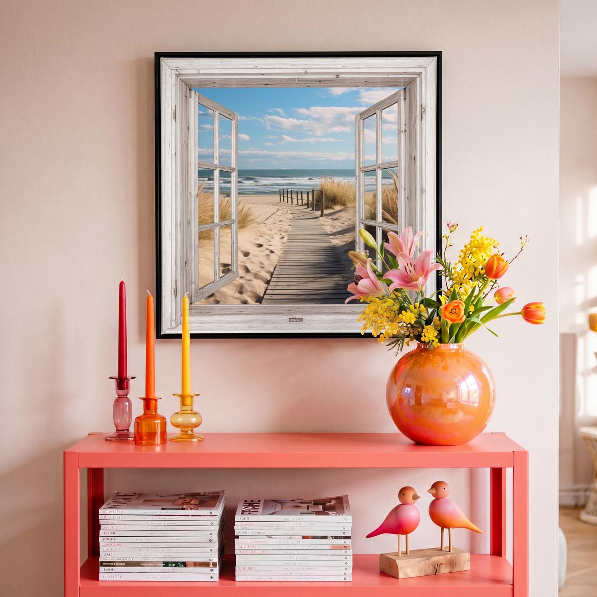 LEINWAND Bilder mit Rahmen - Fenster - Meer - Küste - Natur - Ausblick - Strand - Wattenmeer - 50x50 - Beige, Textil (50/50cm) - MuchoWow