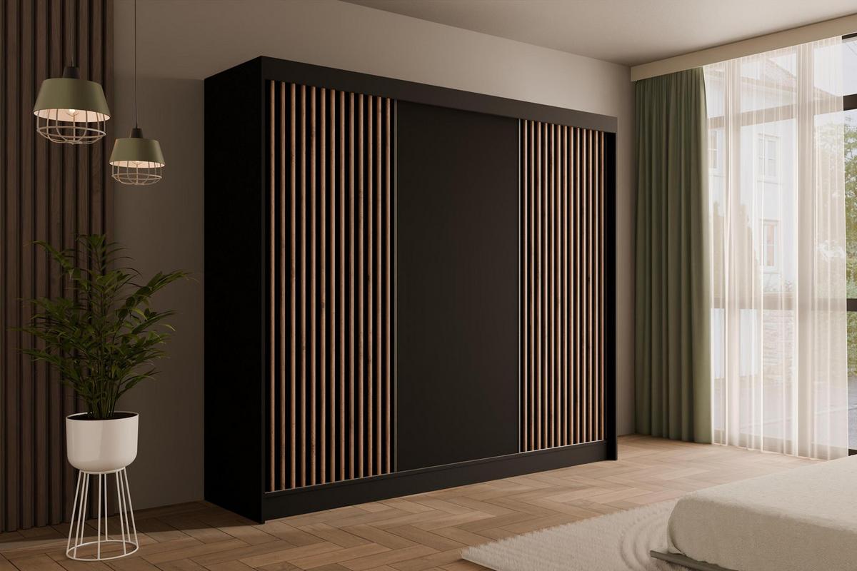 KLEIDERSCHRANK mit Lamel-Schiebetüren VILANv2 - 250 cm Schwarz + Lamelle Eiche Wotan - Eiche Wotan/Schwarz, Holzwerkstoff (250/215/61cm) - ALTDECOR
