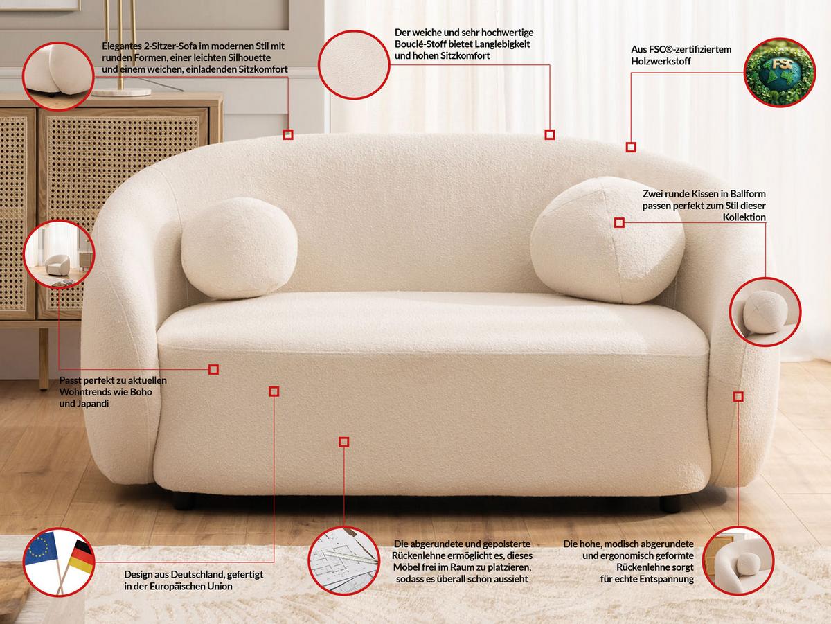 2-SITZER-SOFA Roundi Cremeweiß Bouclé - Creme/Schwarz, Holz/Kunststoff (150/76/80cm) - S-Style Möbel