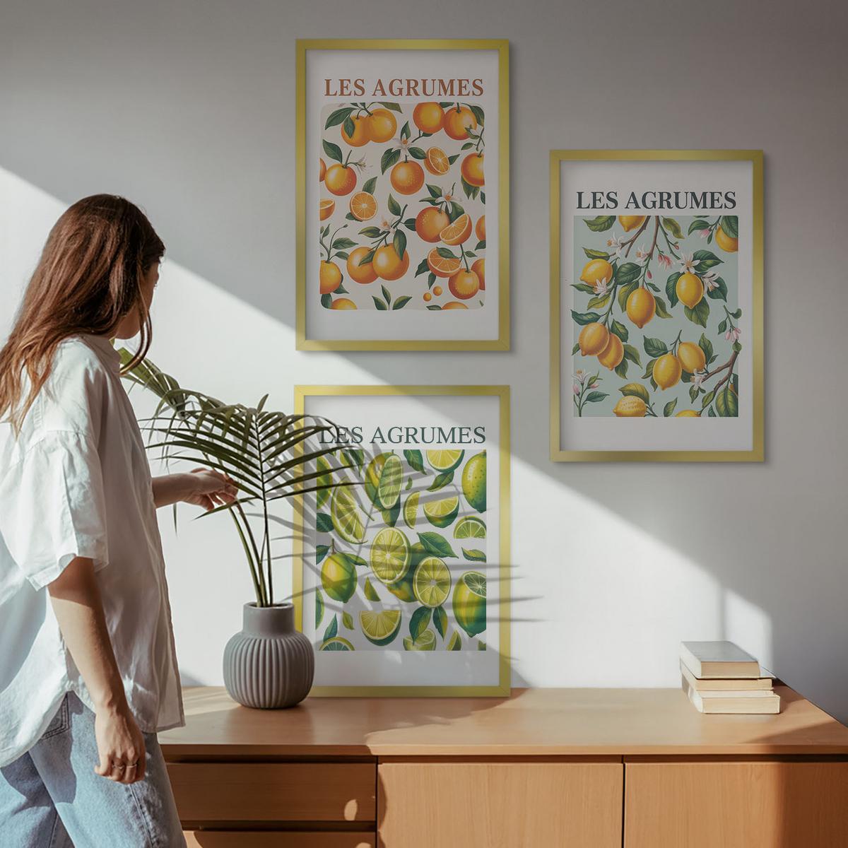 BILDER SET 3er Set - 40x60 cm Goldrahmen - Fruchtige Zitrus-Pastellmuster - Goldfarben, Kunststoff (40/60cm) - TULUP