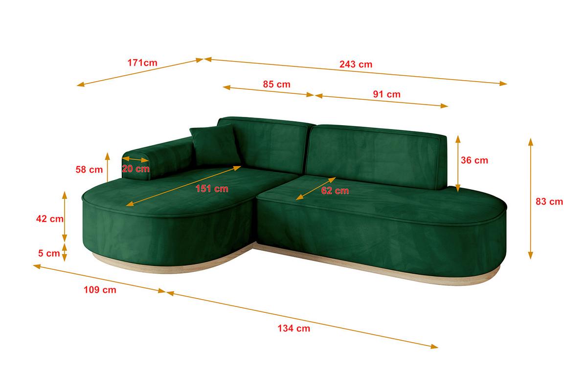 ECKSOFA Ottomane Links MARI-L1-v1 - 243x171x83 cm Dunkelgrün Velours - Dunkelgrün, Holzwerkstoff/Textil (243/171cm) - ALTDECOR