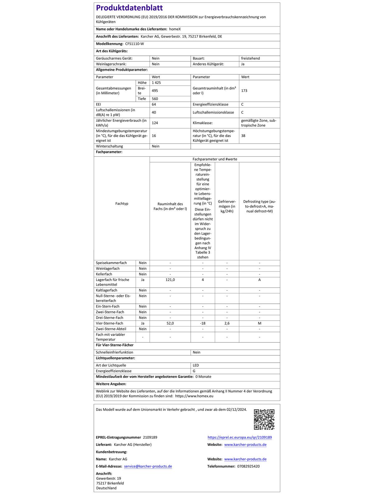 KÜHL-GEFRIER-KOMBINATION, freistehend, 173 Liter Nutzinhalt, 4-Sterne Gefrieren, Höhe 142,5 cm, 40 dB, Kühlschrank mit Gefrierfach groß, CFS1110-W - Weiß, Glas/Kunststoff (49.5/142.5/56cm) - homeX