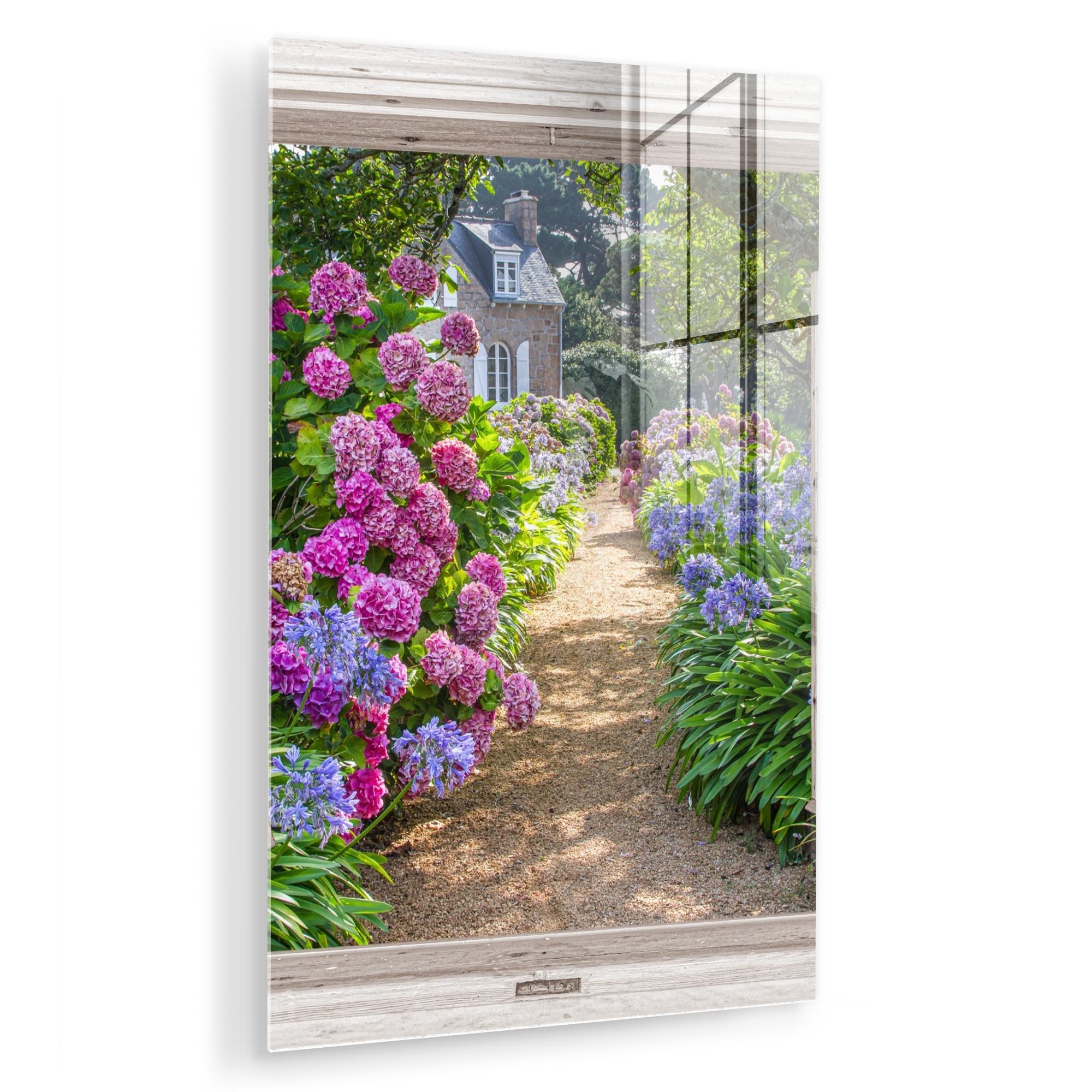 ACRYLGLASBILD Hortensie - Durchsichtig - Blumen - Sommer - Lila - Weg Wandbild 60x90 cm - Lila, Glas (60/90cm) - MuchoWow