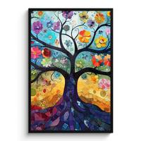 POSTER MIT RAHMEN Kunst - Baum des Lebens - Blumen - Hippie Bilderleiste 80x120 cm - Dunkelblau, Papier (80/120cm) - MuchoWow