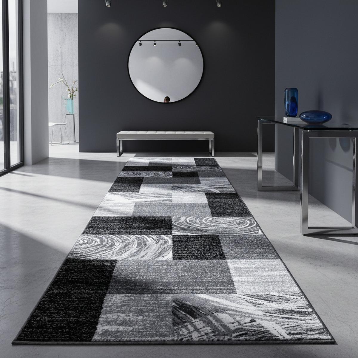 TEPPICH Kurzflor DRAU in Schwarz, abstrakt kariert, 80 x 300 cm - Schwarz, Textil (300/80cm) - KADIMA DESIGN