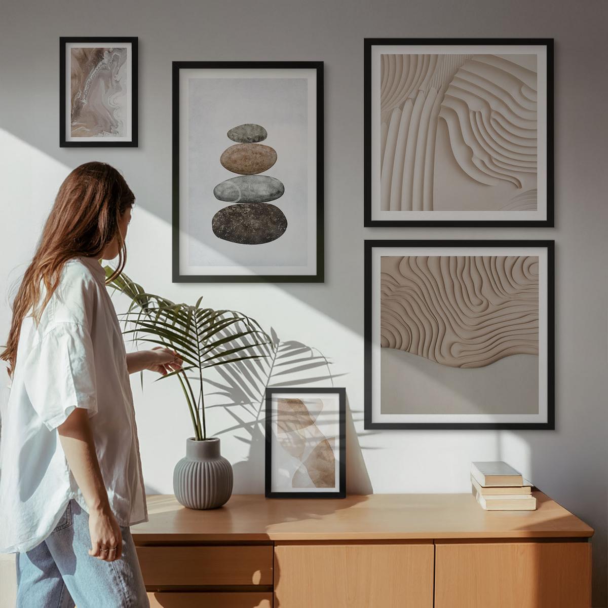 BILDER SET 5er Set - 50x50 cm & 20x30 cm & 40x60 cm Schwarzer Rahmen - Abstrakte bemalte Strukturen - Schwarz, Kunststoff (40/60cm) - TULUP