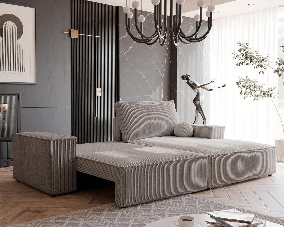 ECKSOFA HUGO Rechts, mit Schlaffunktion und Bettkasten, Beige - Beige, Textil (255/148cm) - Idohome