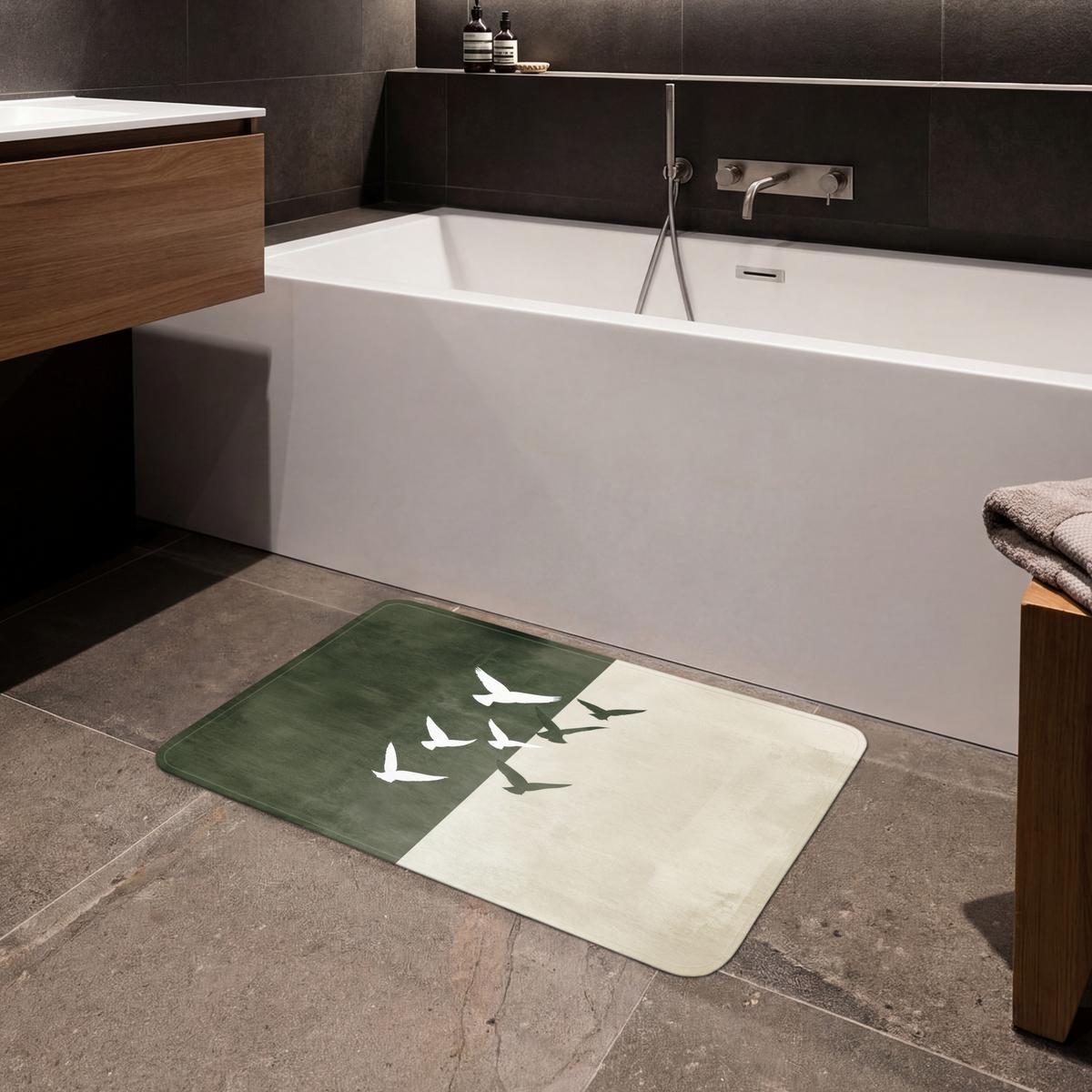 BADEMATTE Japandi - Vogel - Grün 80x50 cm - Olivgrün, Textil (80/50cm) - OnlyWow