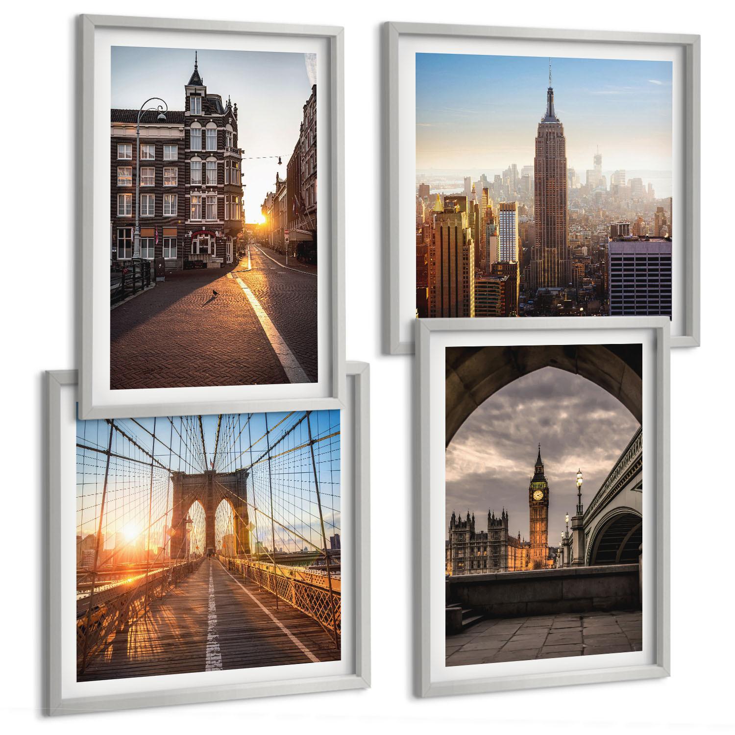 BILDER SET 4er Set - 50x50 cm & 40x60 cm Silberner Rahmen - London-Ansichtsgemälde-Set - Silberfarben, Kunststoff (50/50cm) - TULUP