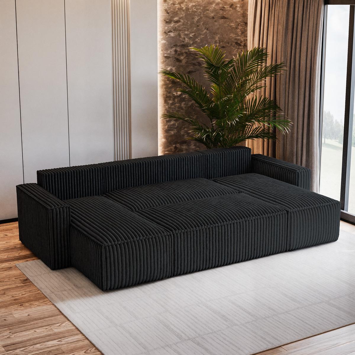 WOHNLANDSCHAFT PESANO T Schwarz Kordstoff mit Schlaffunktion - Schwarz/Grau, Holz/Kunststoff (306/85/140cm) - MASSENO
