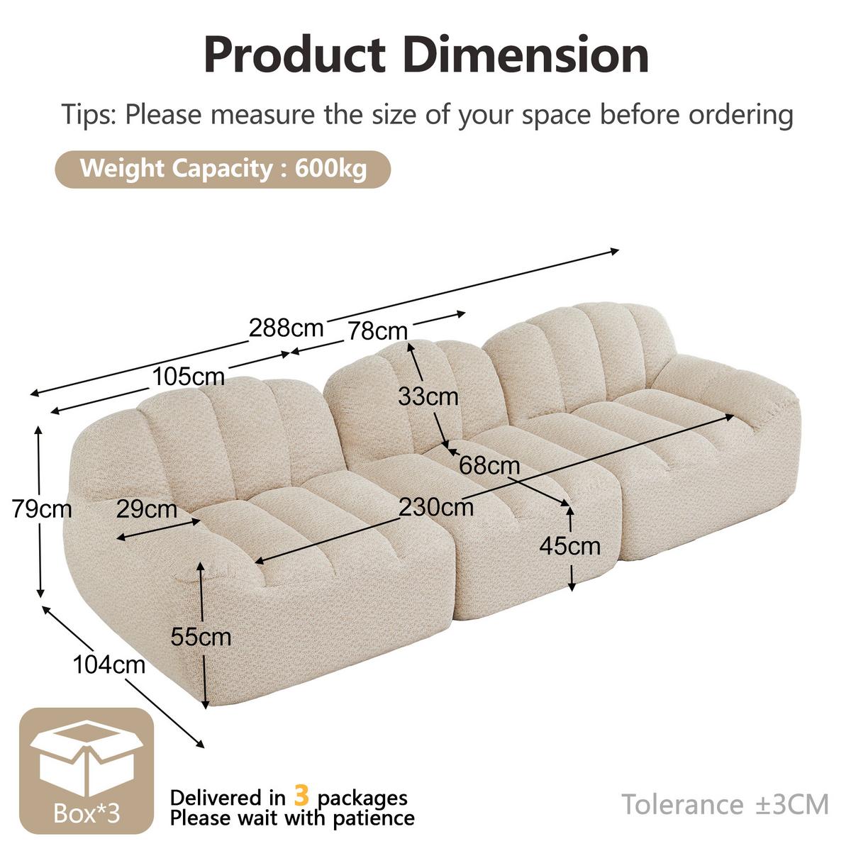 3-SITZER SOFA aus granuliertem Fleece, frameless Lounge-Design ohne Montage - Creme, Textil (288/79/104cm) - Urban Meuble
