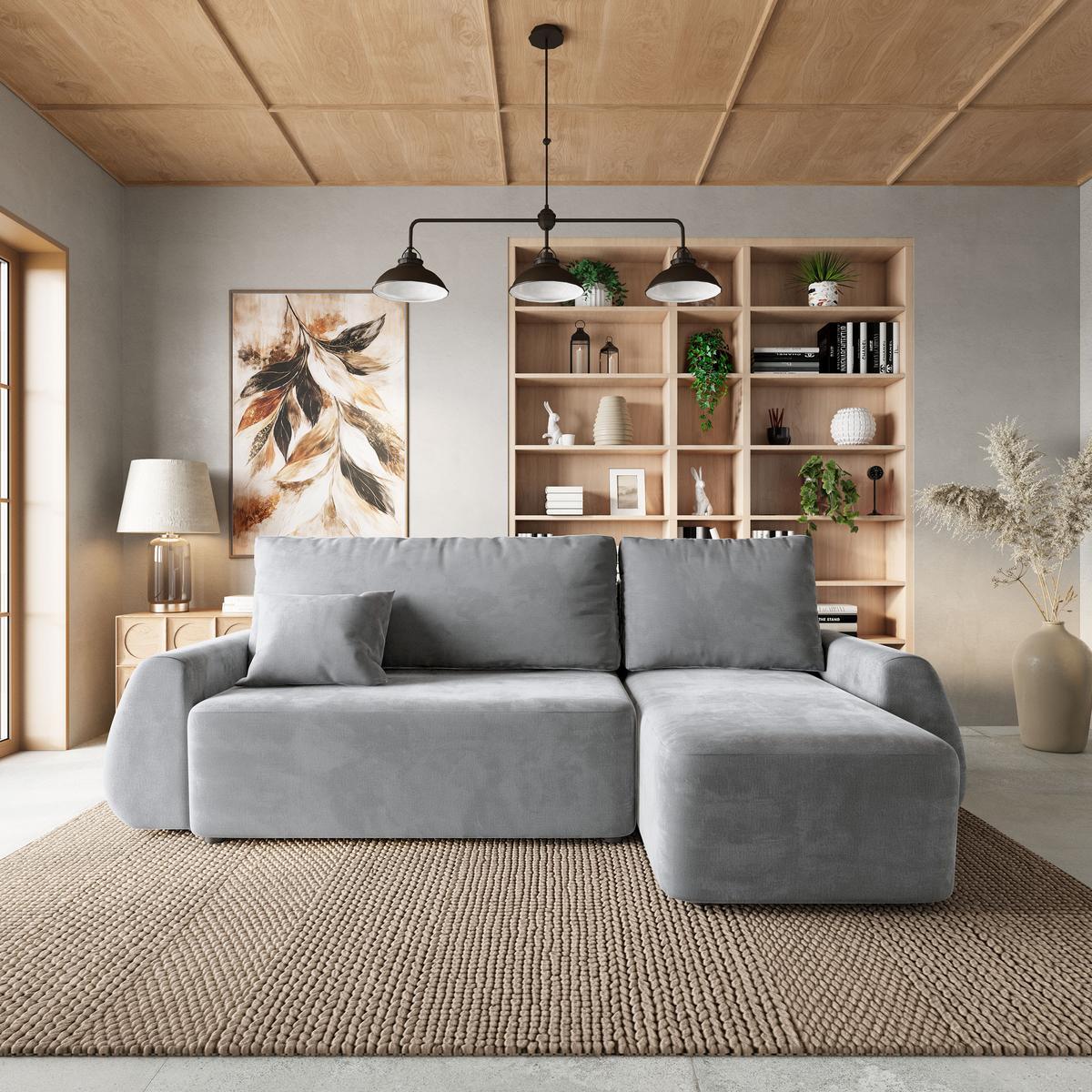 ECKSOFA GALVIS Hellgrau Velours-Stoff mit Schlaffunktion - Hellgrau, Holz (256/156cm) - MASSENO