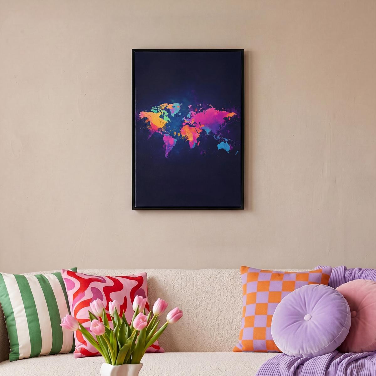 LEINWAND Bilder mit Rahmen - Weltkarte - Bunt - Graffiti - 40x60 - Multicolor, Textil (40/60cm) - MuchoWow