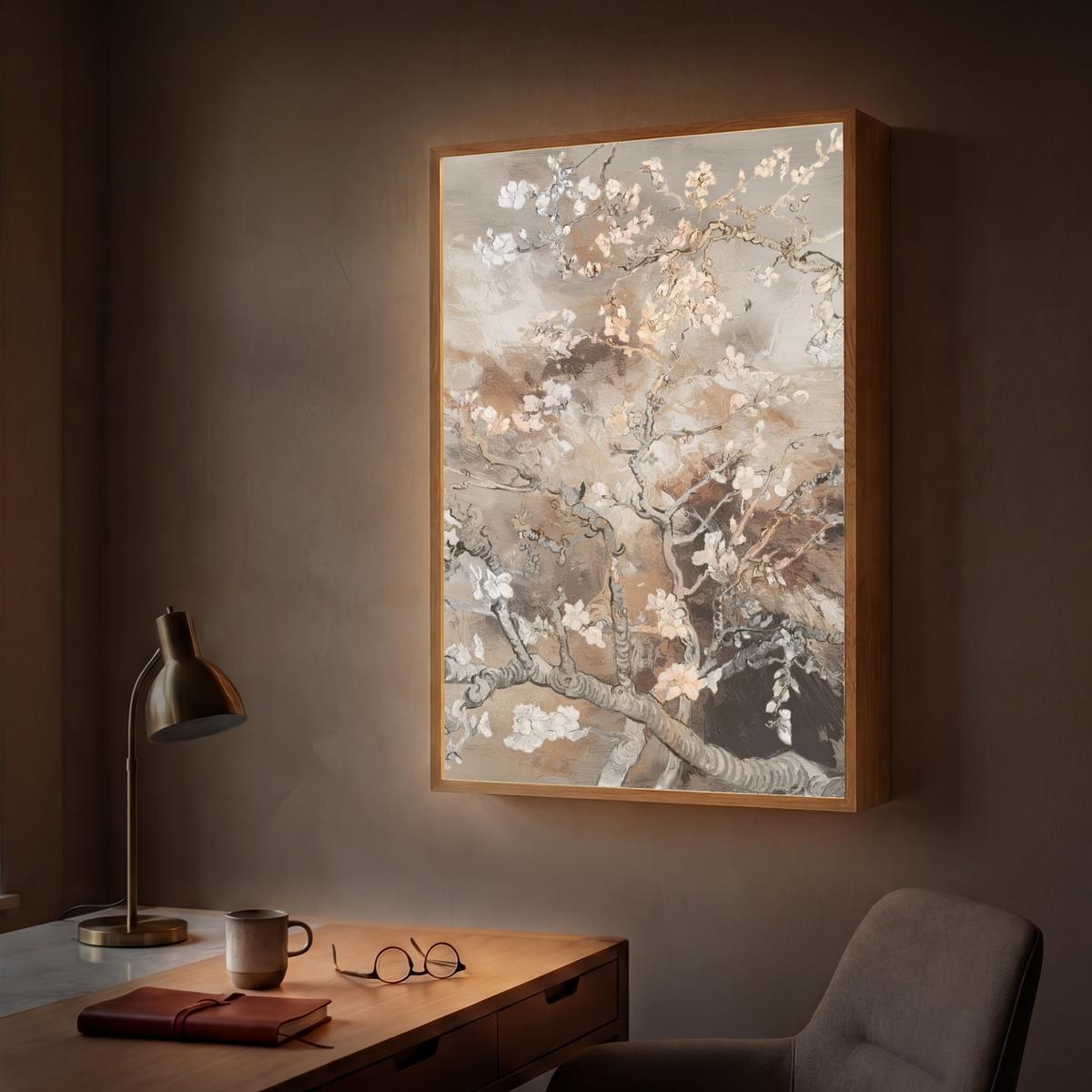 WANDLEUCHTE MIT AKKU Mandelblüte - Kunst - Van Gogh - Beige - Abstrakt 60x90 cm - Graubraun, Holzwerkstoff (60/90/8cm) - OnlyWow