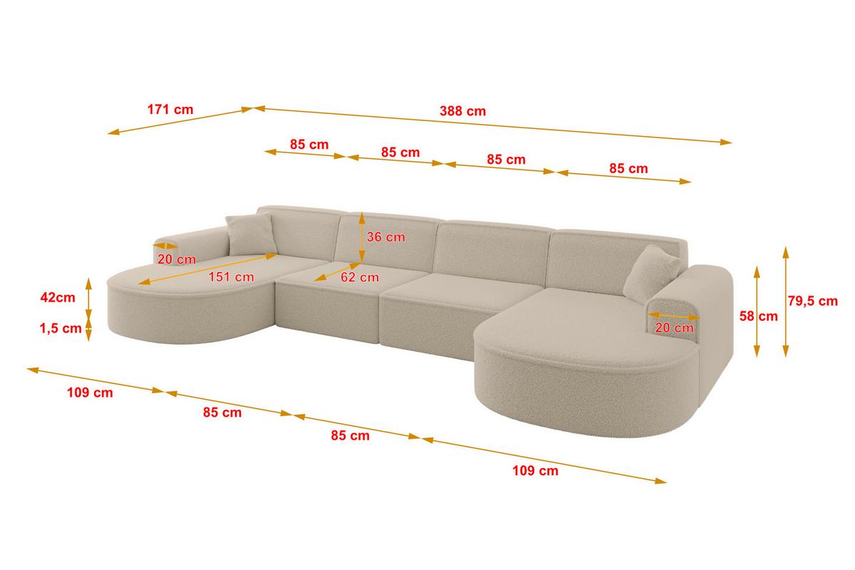 WOHNLANDSCHAFT MARI-U2 - 388x171x79 cm Dunkelbeige Bouclé - Hellbraun/Schwarz, Holzwerkstoff/Kunststoff (388/79/171cm) - ALTDECOR