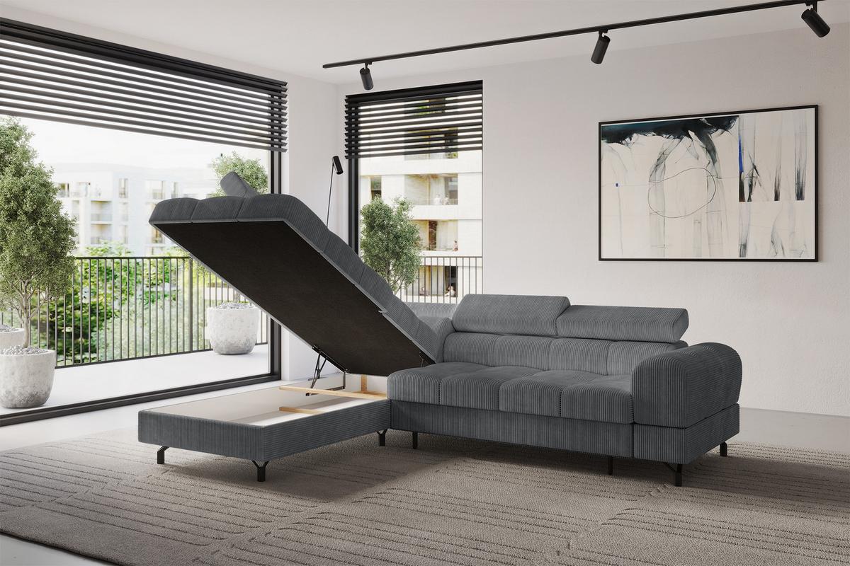 ECKSOFA mit Schlaffunktion Ottomane Links LUMA-L 272x203x70 Dunkelgrau Cord - Graphitfarben/Schwarz, Holzwerkstoff/Kunststoff (272/203cm) - ALTDECOR