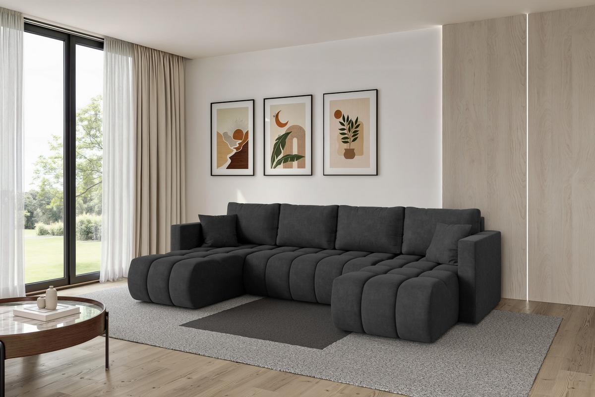 WOHNLANDSCHAFT mit Schlaffunktion und Bettkasten GARD-U 300x146x85 Dunkelgrau Velours - Anthrazit/Schwarz, Holzwerkstoff/Kunststoff (300/85/146cm) - ALTDECOR