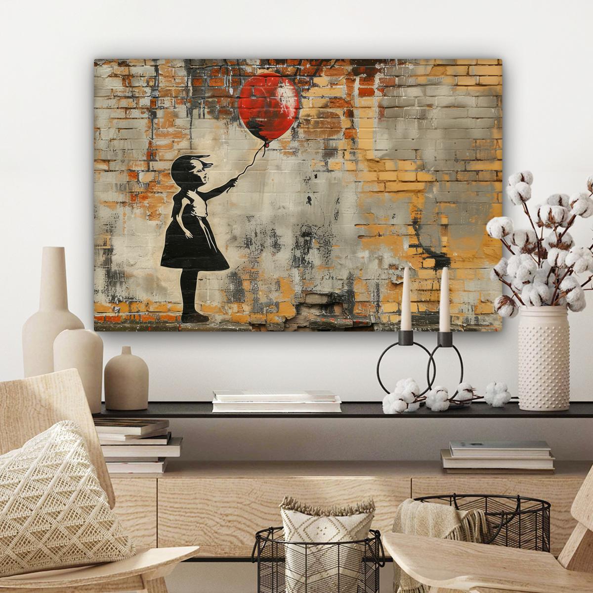 LEINWANDBILD Graffiti - Banksy - Mädchen - Straßenkunst Wanddeko 90x60 cm - Sandfarben, Textil (90/60cm) - MuchoWow