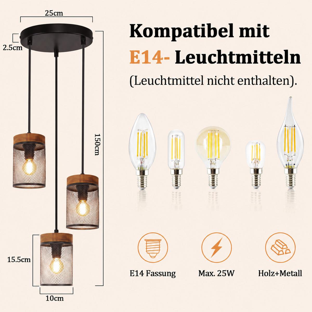 PENDELLEUCHTE Oryven 15.5/10/150 cm - Schwarz/Braun, Holz/Metall (15.5/10/150cm) - ZMH