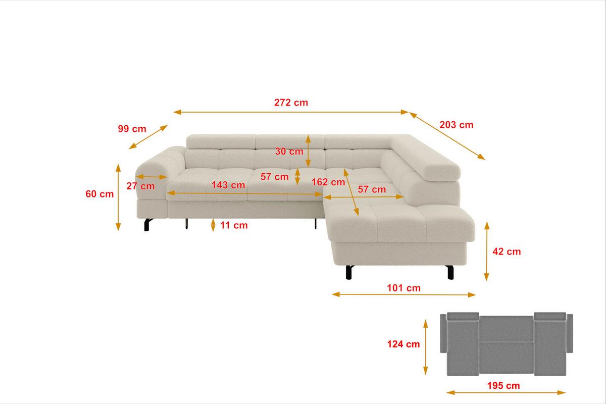 ECKSOFA mit Schlaffunktion Ottomane Rechts LUMA-L 272x203x70 Beige Bouclé - Beige/Schwarz, Holzwerkstoff/Kunststoff (203/272cm) - ALTDECOR
