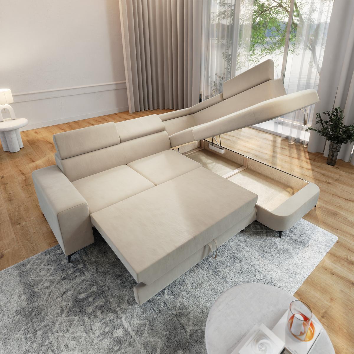 ECKSOFA ALVORO R-S Creme Velours-Stoff mit Schlaffunktion - Creme, Holz (253/190cm) - MASSENO