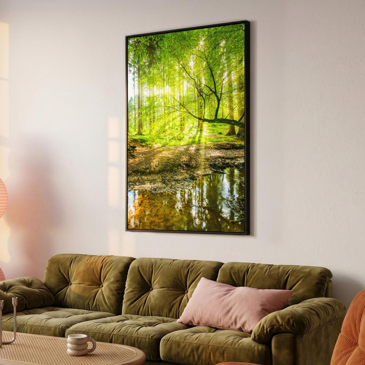 LEINWAND Bilder mit Rahmen - Wald - Landschaft - Wasser - Bäume - Sonne - Grün - Natur - 100x150 - Grün, Textil (100/150cm) - MuchoWow