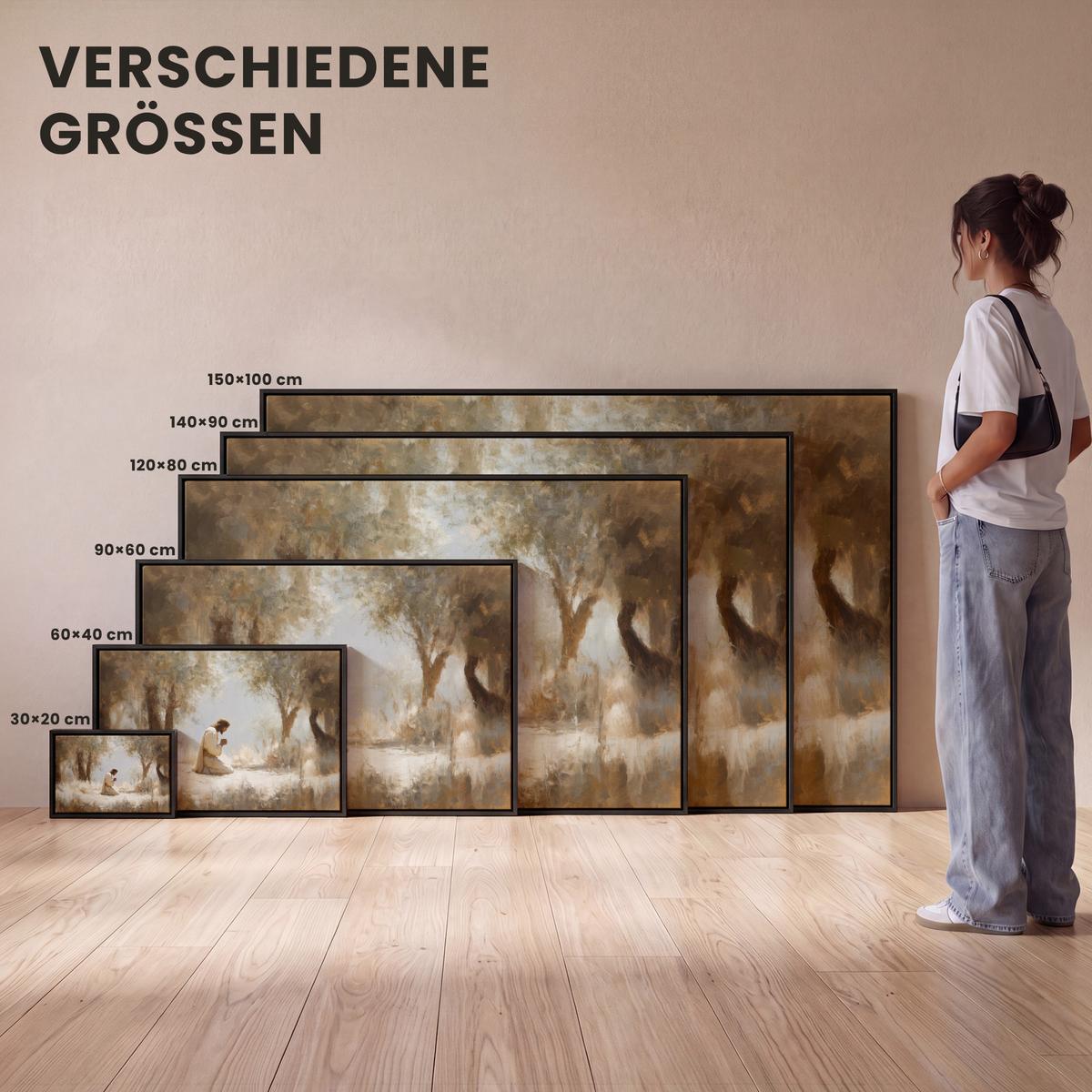 LEINWAND Bilder mit Rahmen - Jesus - Kniend - Waldlandschaft - Betend - 120x80 - Beige, Textil (120/80cm) - MuchoWow