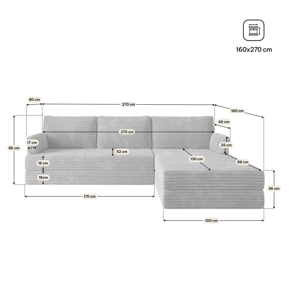 ECKSOFA ANKO modulares Boneless Sofa mit Schlaffunktion Hellgrau Kordstoff - Hellgrau, Textil (270/160cm) - MASSENO