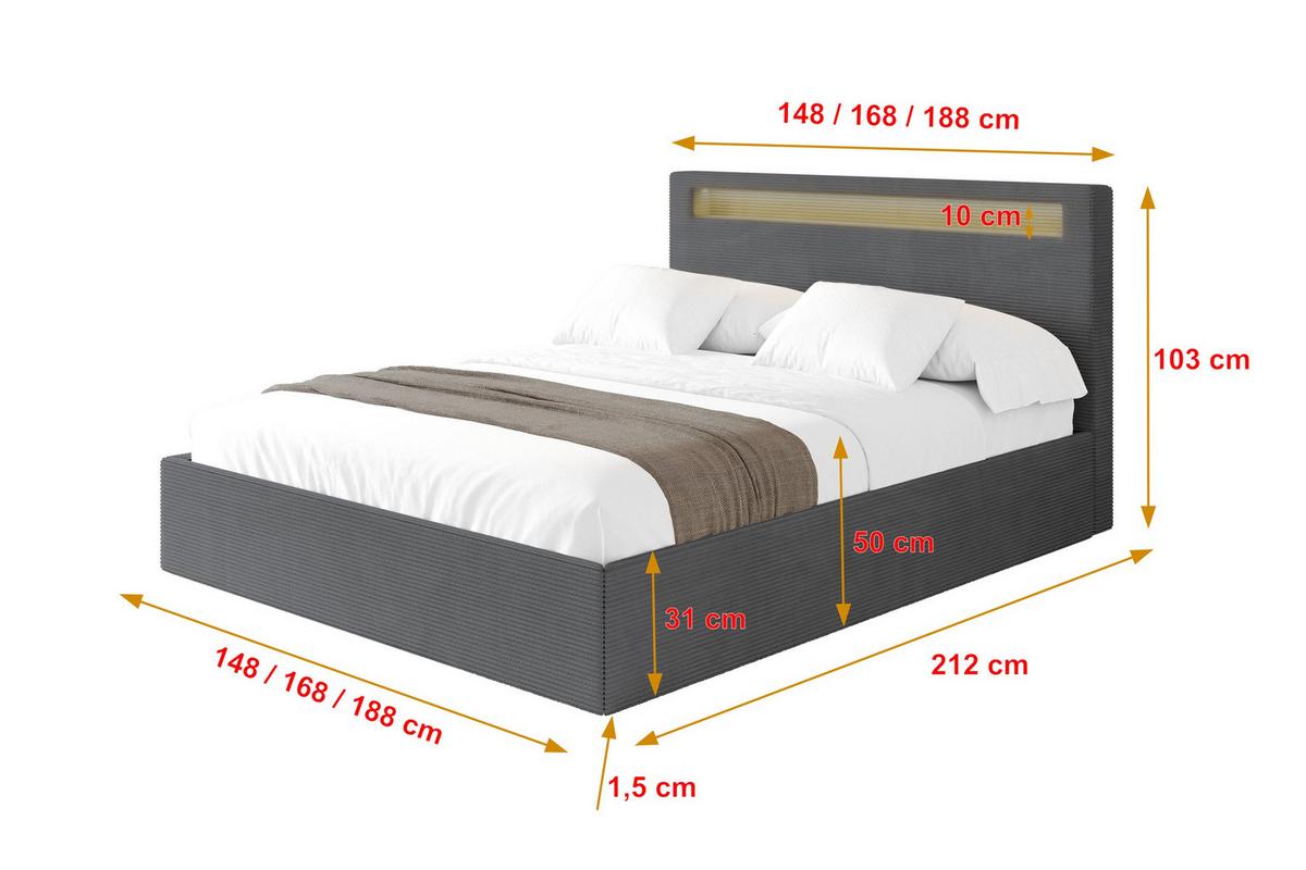 POLSTERBETT mit Bettkasten und Lattenrost, Bett mit Matratze H3/H4 - GOLA 160x200 Dunkelgrau - Anthrazit, Holzwerkstoff/Textil (160/200cm) - ALTDECOR