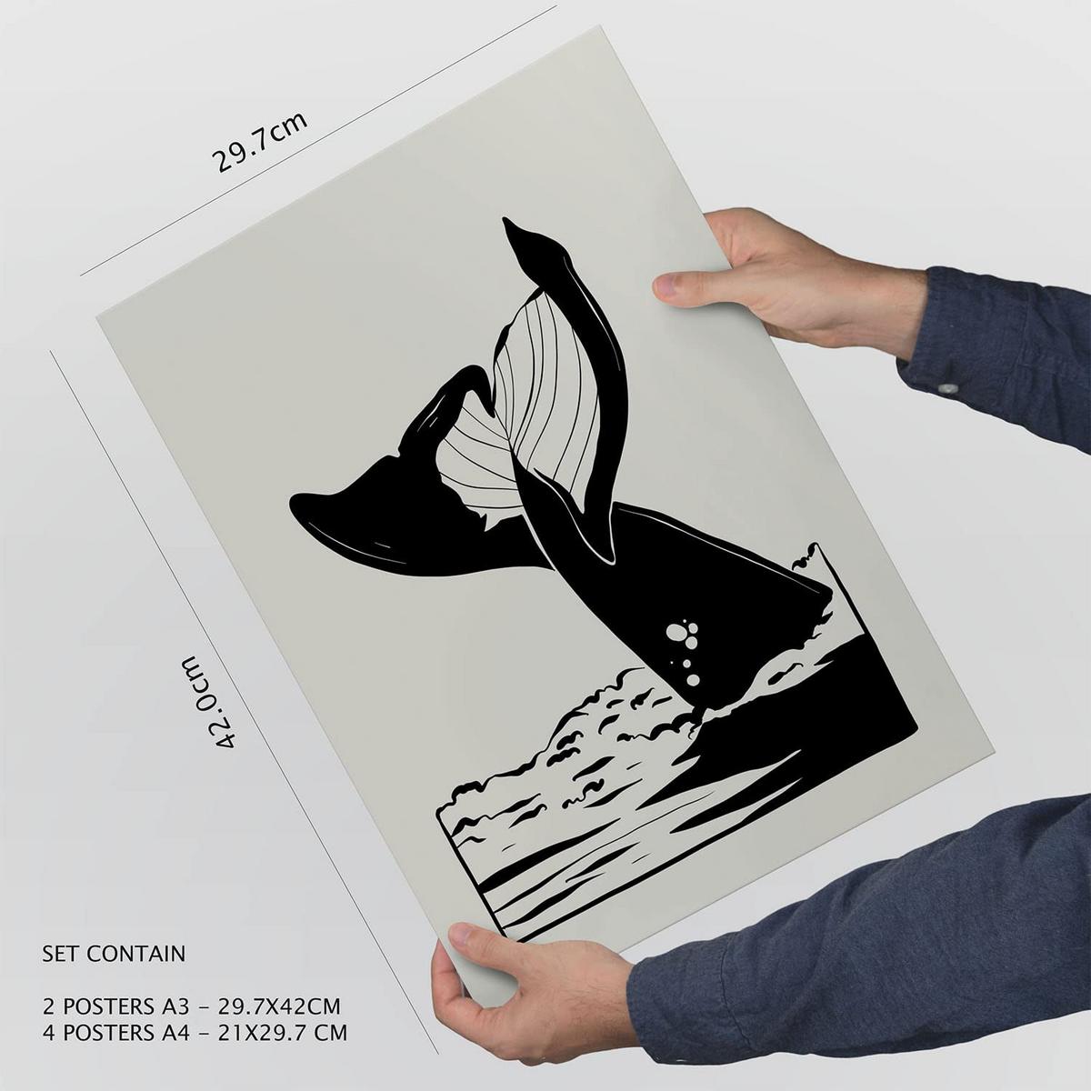 POSTER Set Mit 6 In Schwarzer Tinte Stachelrochen Und Wal Kunstdrucke Von Meer Und Ozean Für Innenarchitektur A3 & A4 Schwarzer Rahmen - Schwarz, Papier (29/3cm) - Nacnic