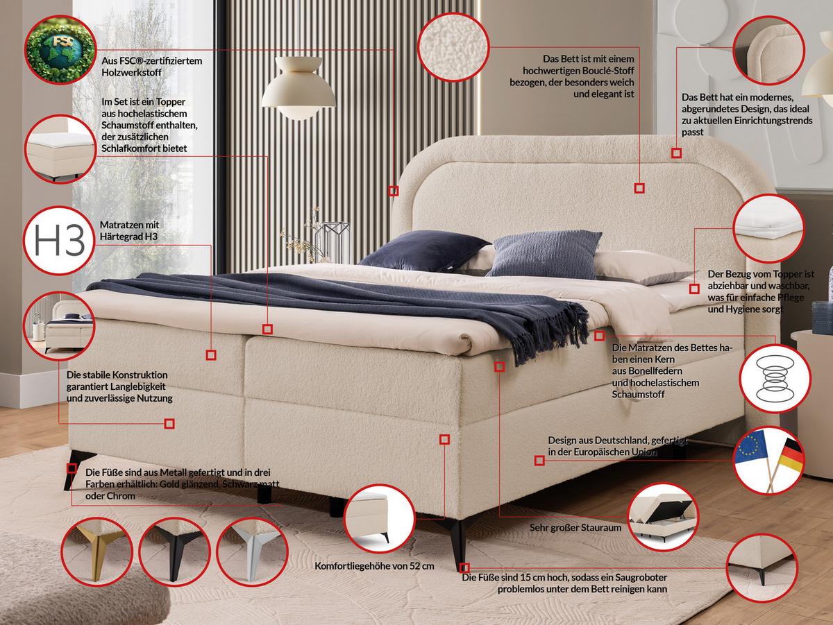 BOXBETT Sonna 140/200 cm Hellbeige Bouclé-Stoff mit abgerundetem Kopfteil und mit silbernen Metallfüßen - Beige/Silberfarben, Holz/Textil (140/200cm) - S-Style Möbel
