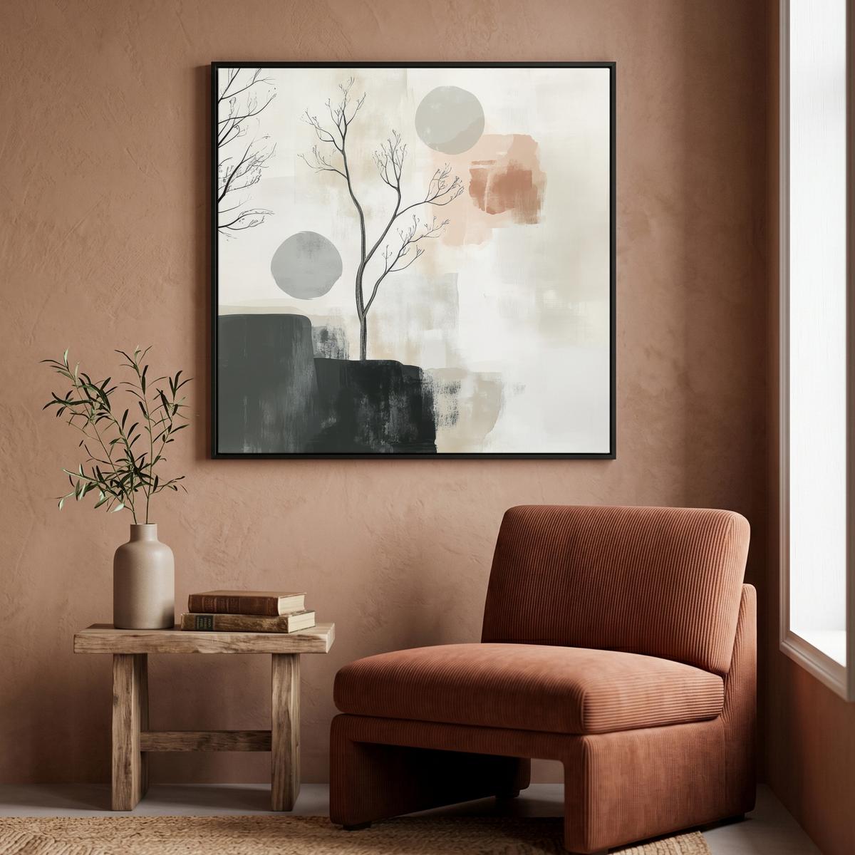 LEINWAND Bilder mit Rahmen - Wabi sabi - Beige - Pflanze - 90x90 - Sandfarben, Textil (90/90cm) - MuchoWow