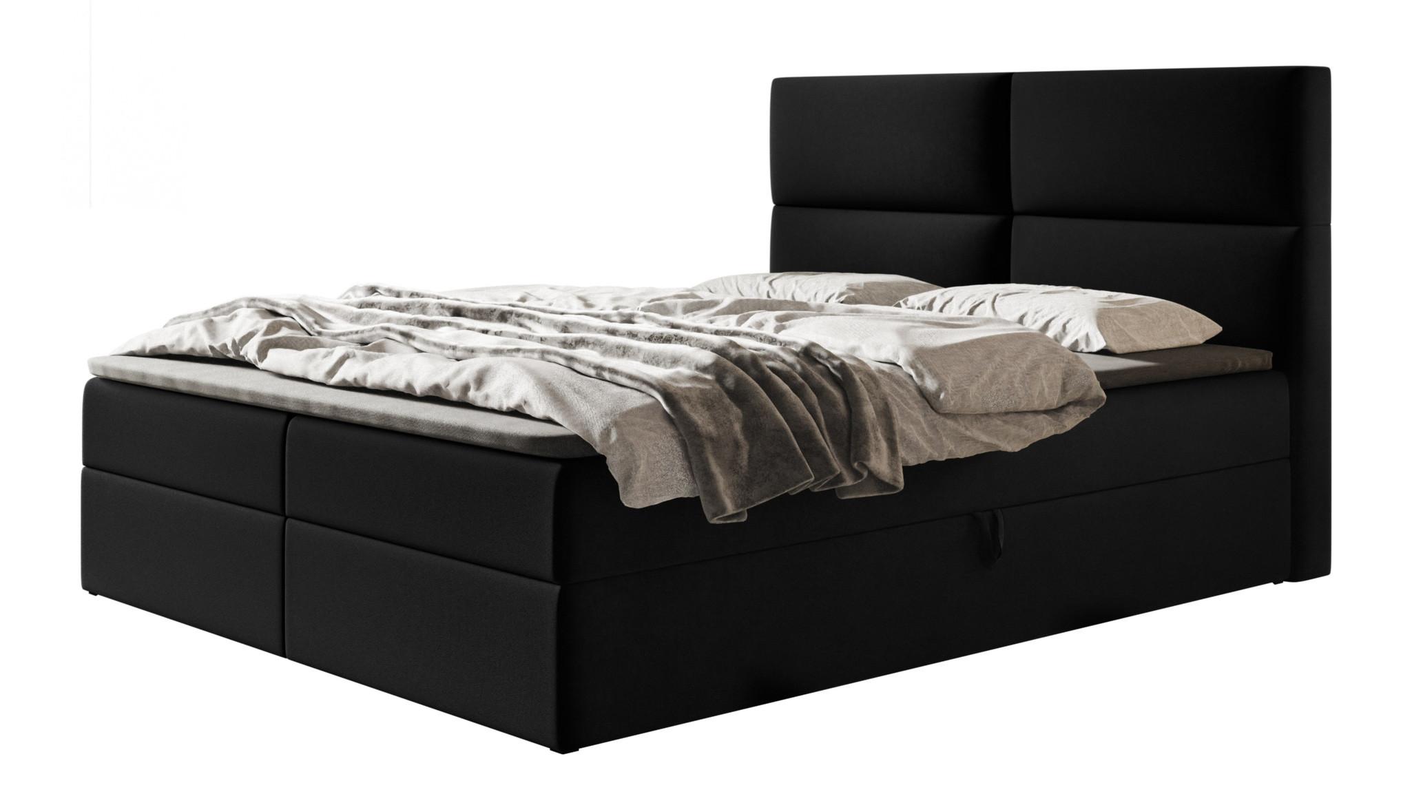 BOXBETT LIZBONA mit 2 Bettkästen, 140x200, Farbe: Schwarz, Velourstoff, Doppelbett mit Bonell-Matratze - Schwarz, Holz/Kunststoff (140/200cm) - Alpi-Möbel