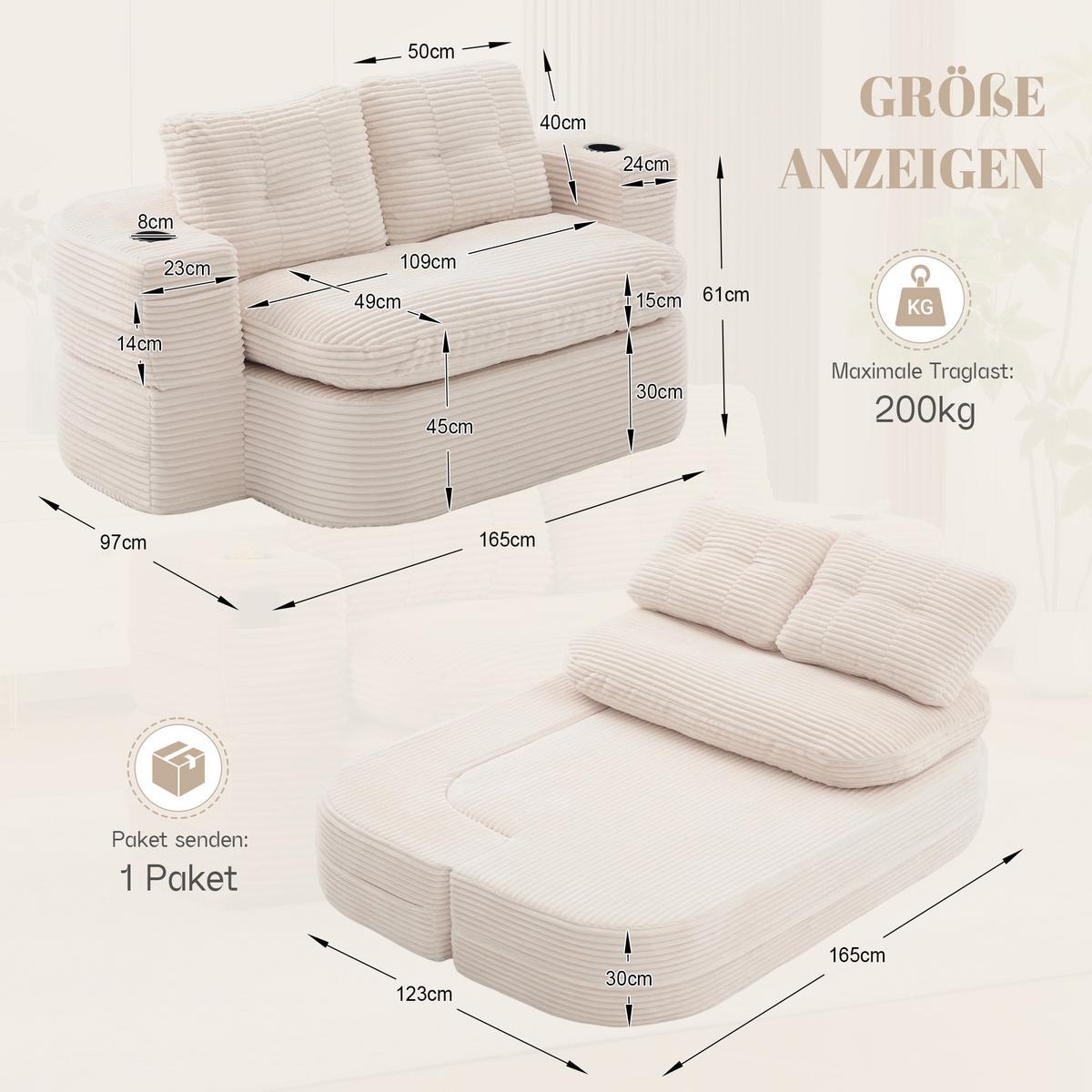 SCHLAFSOFA 2-in-1 Cordstoff Liegefunktion - Beige, Textil (165/61/97cm) - Urban Meuble