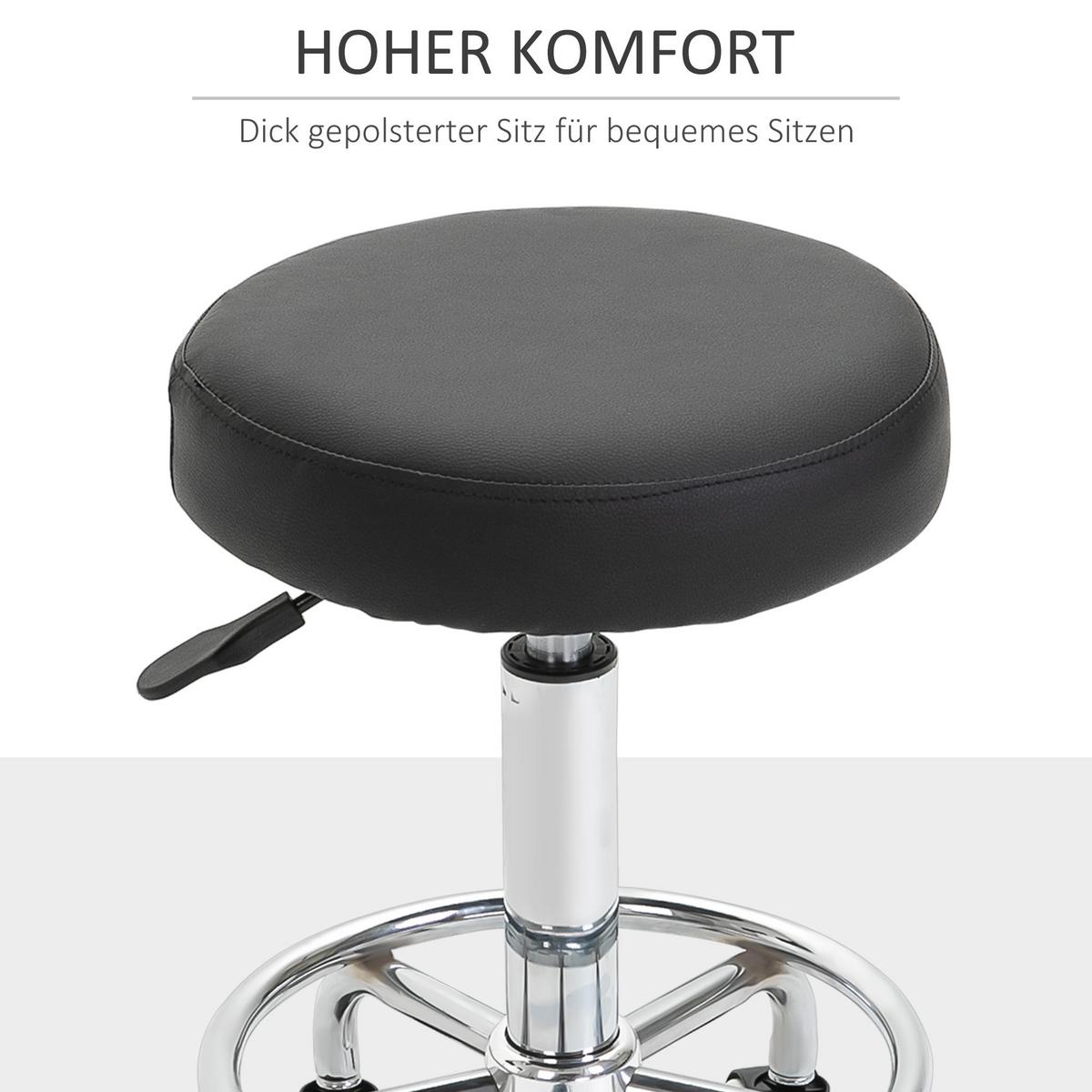 ROLLHOCKER Höhenverstellbarer Arbeitshocker mit Fußring Kunstleder Schwarz - Schwarz, Leder (42/64/42cm) - Vinsetto