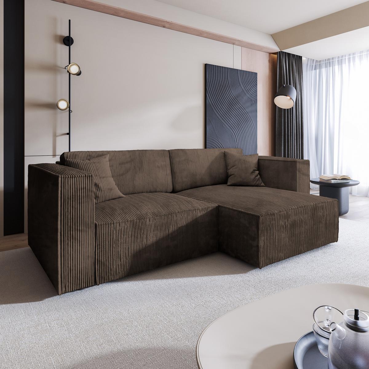 ECKSOFA NERIO P Braun Kordstoff mit Schlaffunktion - Braun/Grau, Holz/Kunststoff (245/148cm) - MASSENO