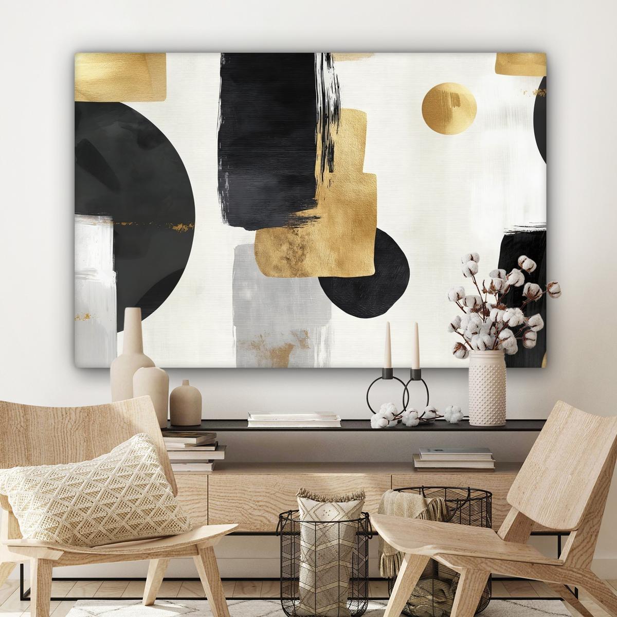 LEINWANDBILD Gold - Rechtecke - Kreise - Abstrakt Wohnzimmer Groß 120x80 cm - Weiß, Textil (120/80cm) - MuchoWow