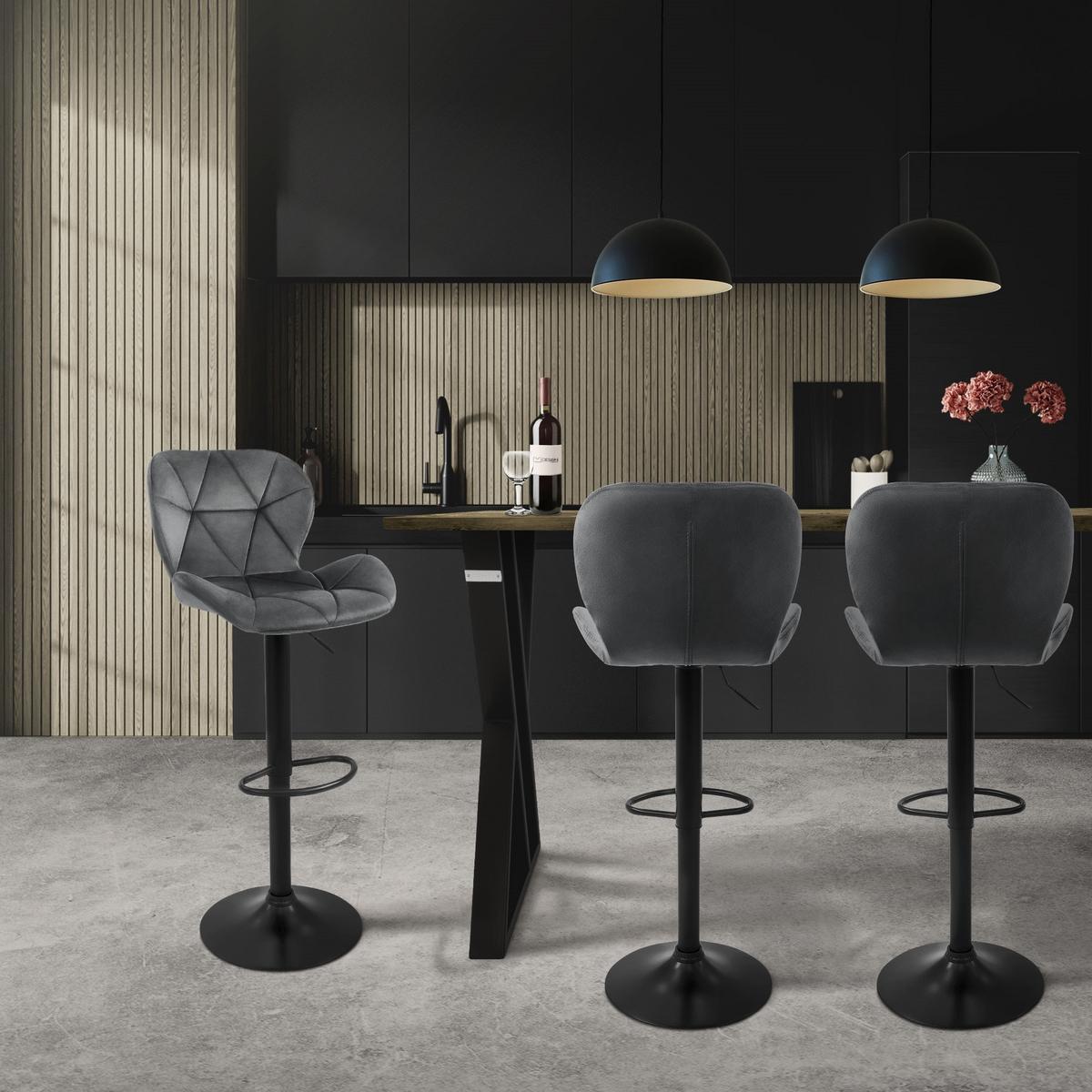 BARHOCKER 4er Set Samt grau - Schwarz/Grau, Textil/Metall (41/110/47cm) - ML-DESIGN