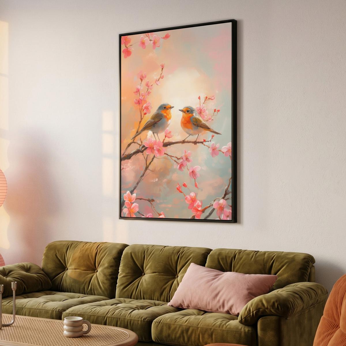 LEINWAND Bilder mit Rahmen - Rotkehlchen - Zierpflanze - Blütenzweig - 90x140 - Hellrosa, Textil (90/140cm) - MuchoWow