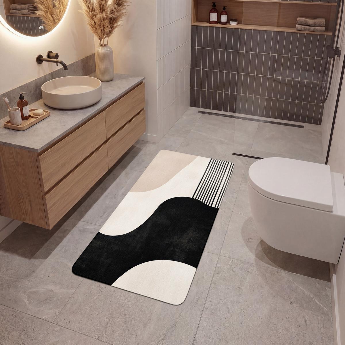BADEMATTE Abstrakt - Japandi - Beige - Modern 60x120 cm - Beige/Schwarz, Textil (60/120cm) - OnlyWow