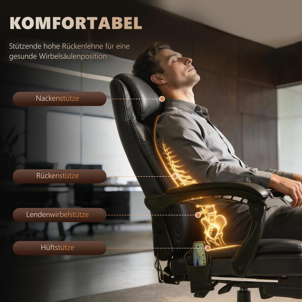 CHEFSESSEL Chefsessel mit Fußstütze Rückenpolster einstellbar PVC Schwarz - Schwarz, Kunststoff/Metall (79/121/67cm) - Vinsetto