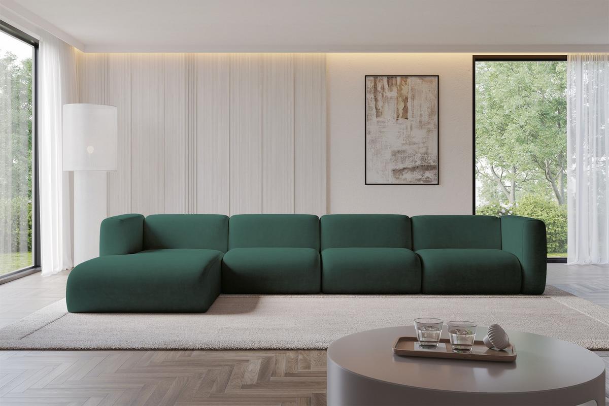 ECKSOFA Ottomane Links MIRA-L3 409x179x70 Grün Velours - Dunkelgrün/Schwarz, Holzwerkstoff/Kunststoff (409/179cm) - ALTDECOR