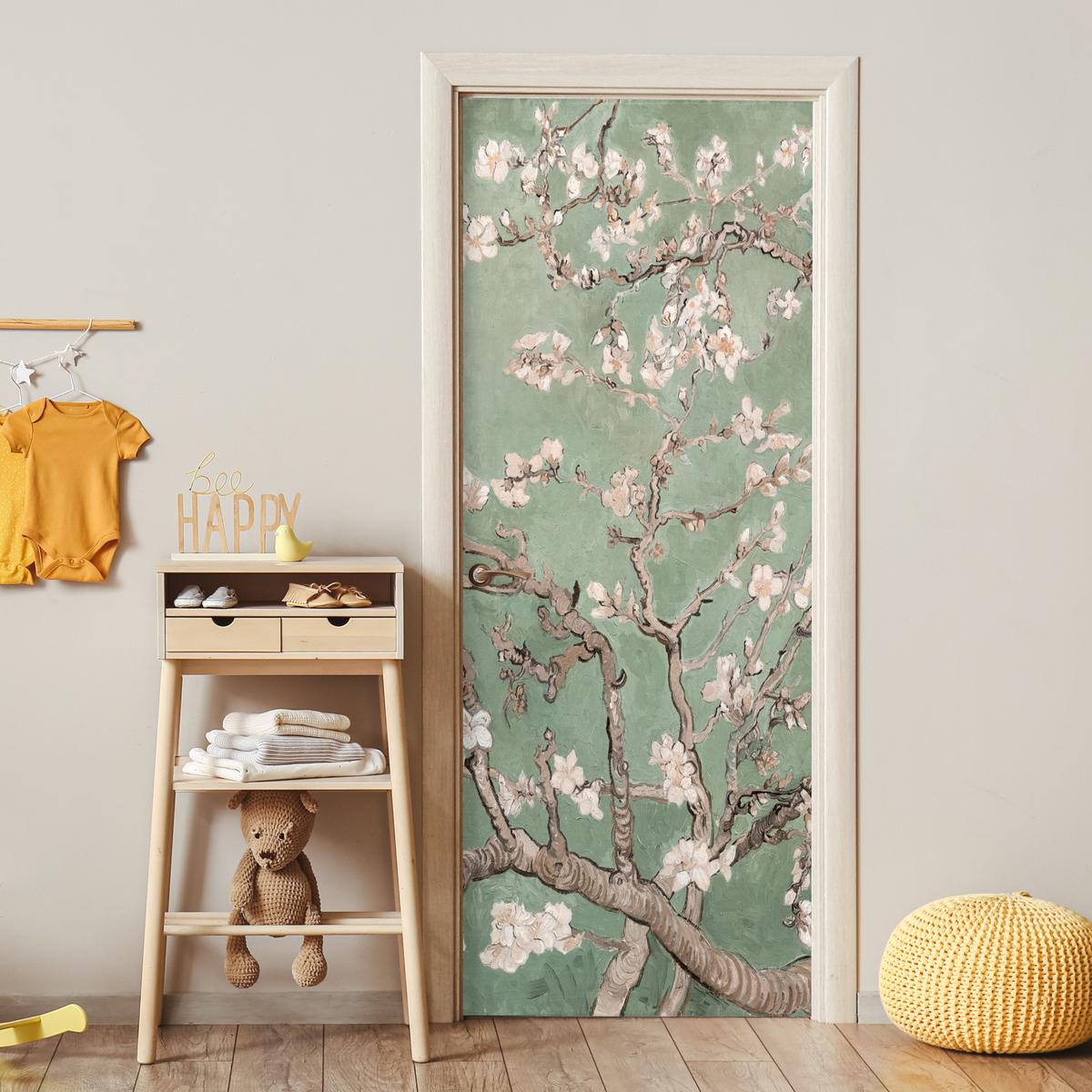 TÜRAUFKLEBER Mandelblüte - Kunst - Van Gogh - Grün 90x235 cm - Türtapete - Salbeigrün, Kunststoff (90/0.1cm) - MuchoWow