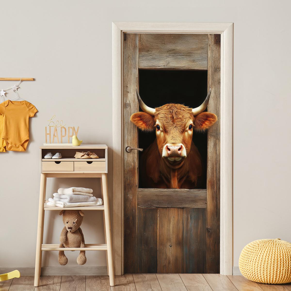 TÜRAUFKLEBER Kuh - Fenster - Holz - Tiere Room Decor 85x205 cm - Türtapete - Wengefarben, Kunststoff (85/0.1cm) - MuchoWow