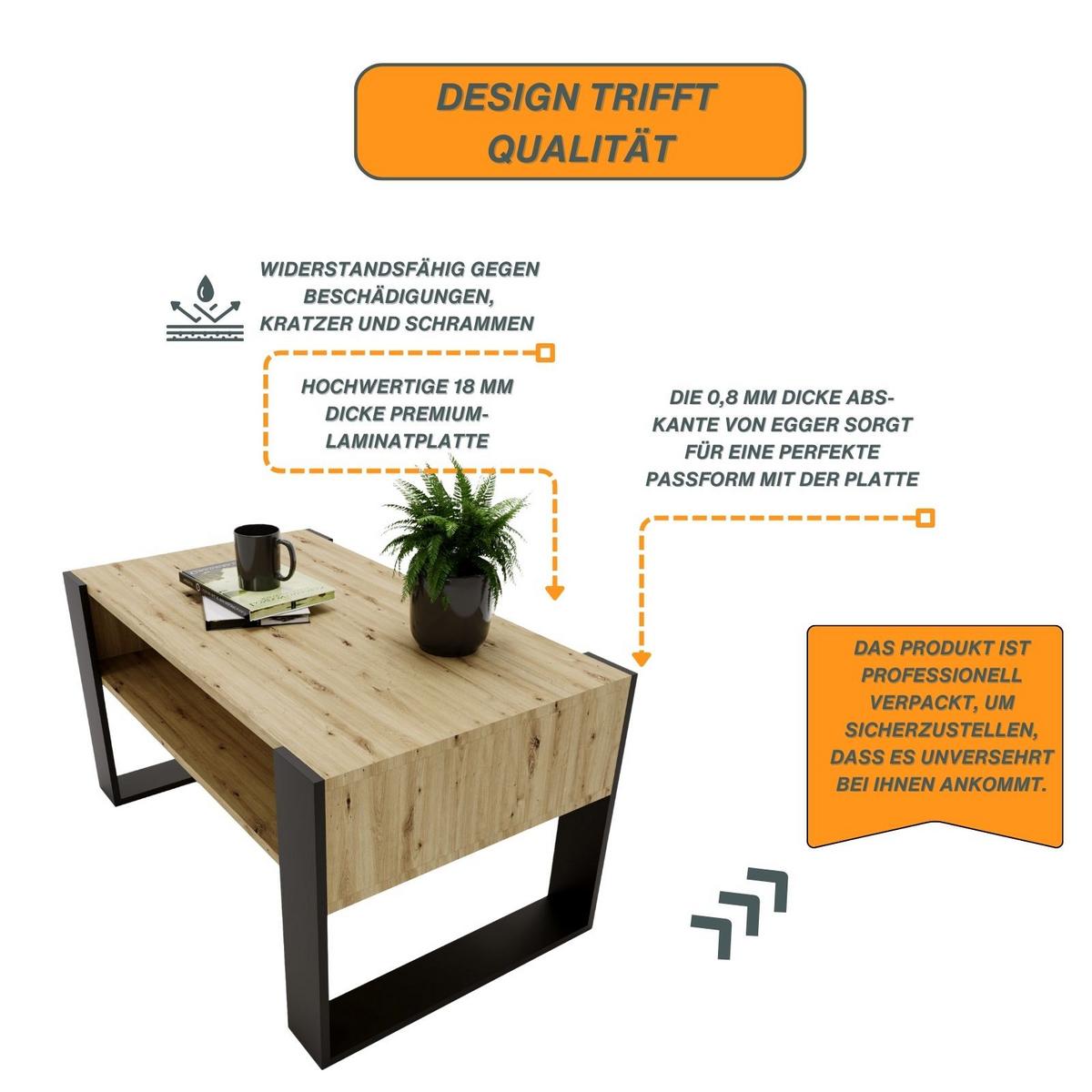 COUCHTISCH Karo92 92/45/53,6 - Eiche Artisan, Holzwerkstoff (54/92/45cm) - RAUMHIRSCH FURNITURE