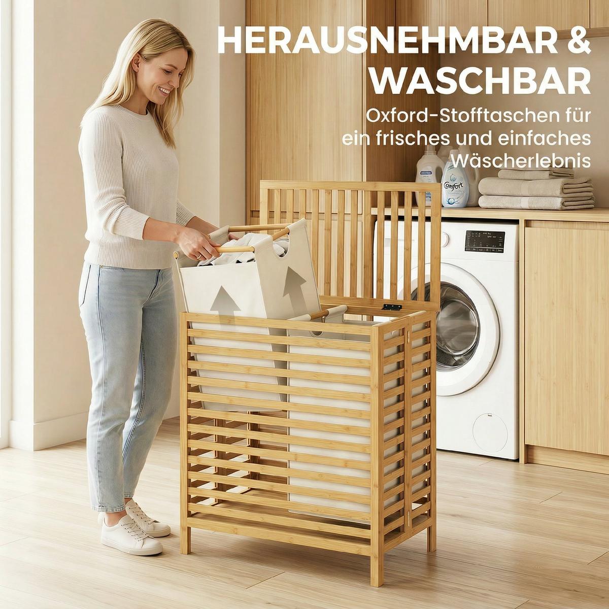 WÄSCHEKORB Bambus Polyester Naturholz Cremeweiß - Naturfarben, Holz/Bambusholz (36/64.2/55cm) - HOMCOM