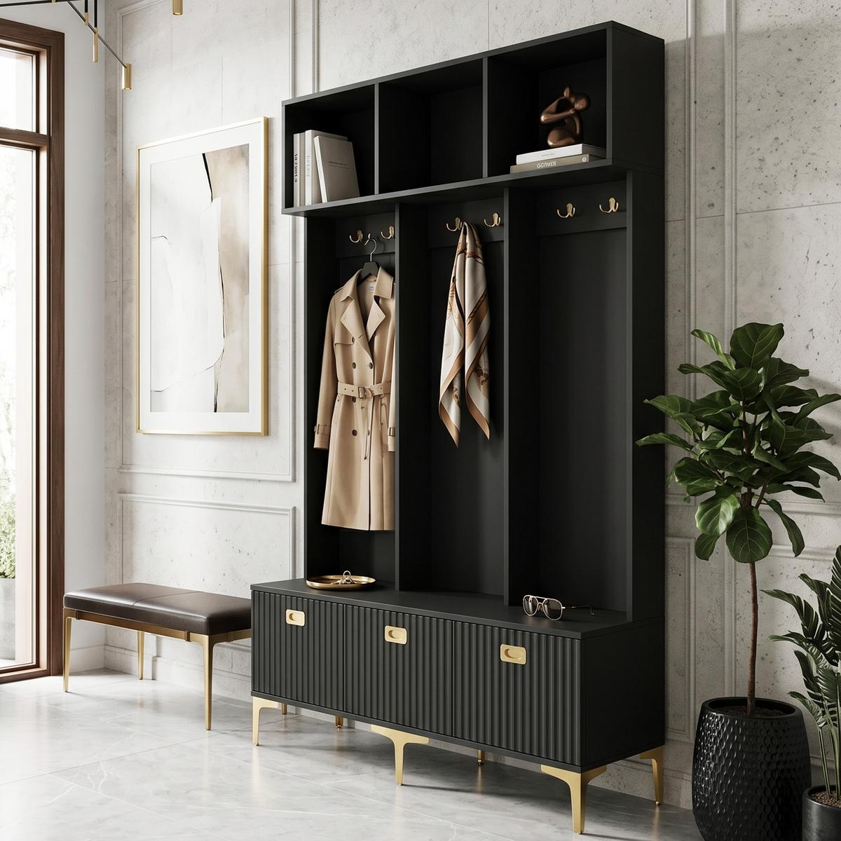 GARDEROBEN schwarz & gold, mit sitzbank und 6 haken - Schwarz, Holzwerkstoff (120/191/40cm) - Urban Meuble